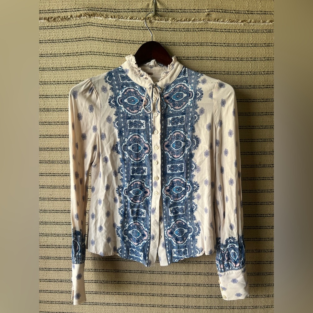 Free People Bohemian Blue and Cream Women's Button Up Top